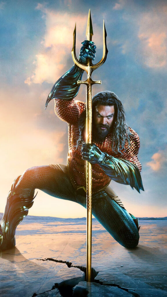 Aquaman Crouching with Golden Trident Vertical Mobile Wallpaper