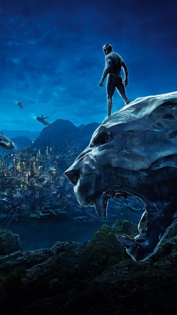 Black Panther Superhero City View Mobile Wallpaper
