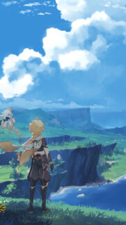 Aether and Paimon Scenic Landscape Mobile Wallpaper