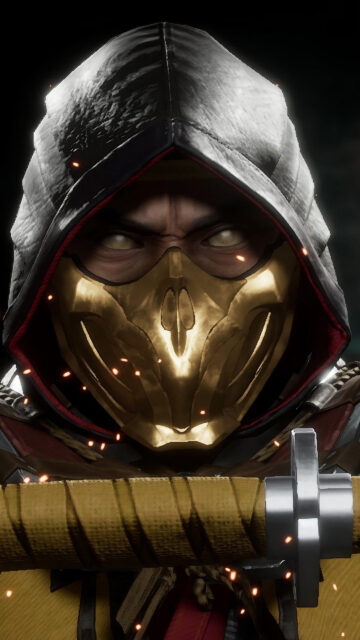 Scorpion Mortal Kombat 11 Gold Mask Closeup 4K Mobile Wallpaper