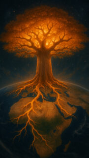 Cosmic Glowing Tree Rooted in Planet Earth Mobile Wallpaper