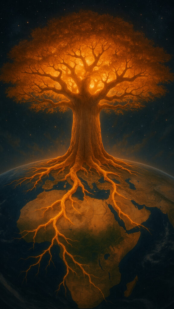Cosmic Glowing Tree Rooted in Planet Earth Mobile Wallpaper
