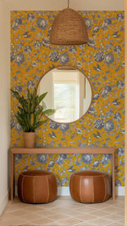 Mustard Yellow Floral Entryway Accent Wall Mobile Wallpaper