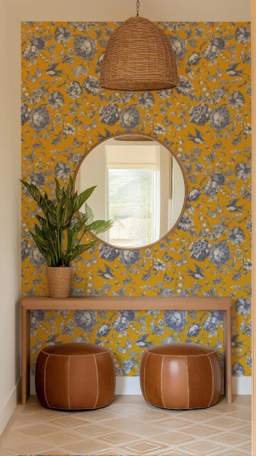 Mustard Yellow Floral Entryway Accent Wall Mobile Wallpaper