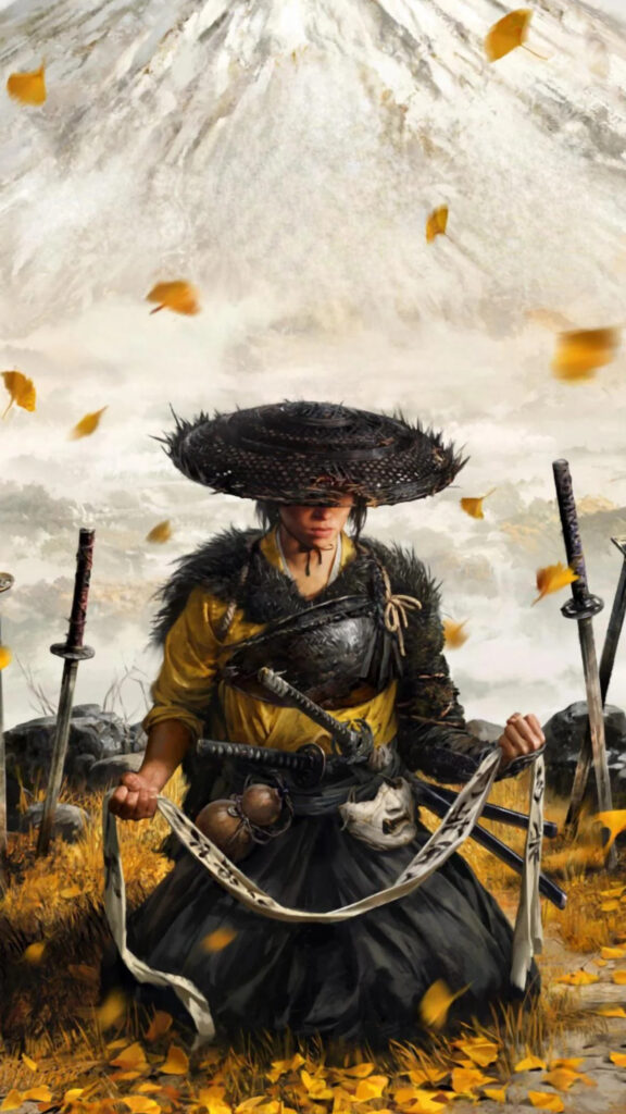 Ronin Samurai Amidst Ginkgo Leaves Mobile Wallpaper