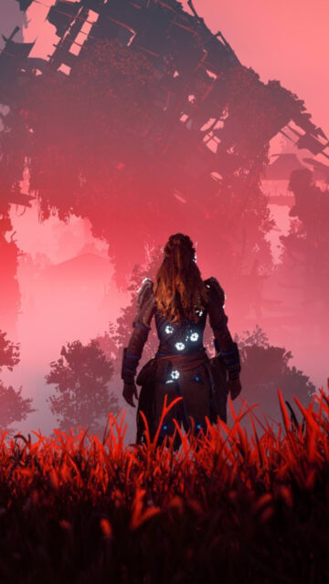 Aloy Standing in Red Mist Mobile Wallpaper
