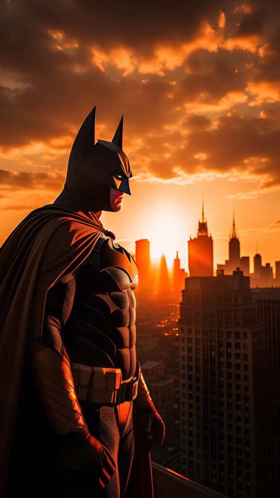 Batman Silhouetted Against Sunset Gotham City Mobile Wallpaper