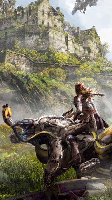 Aloy Riding Machine in Horizon Landscape Mobile Wallpaper