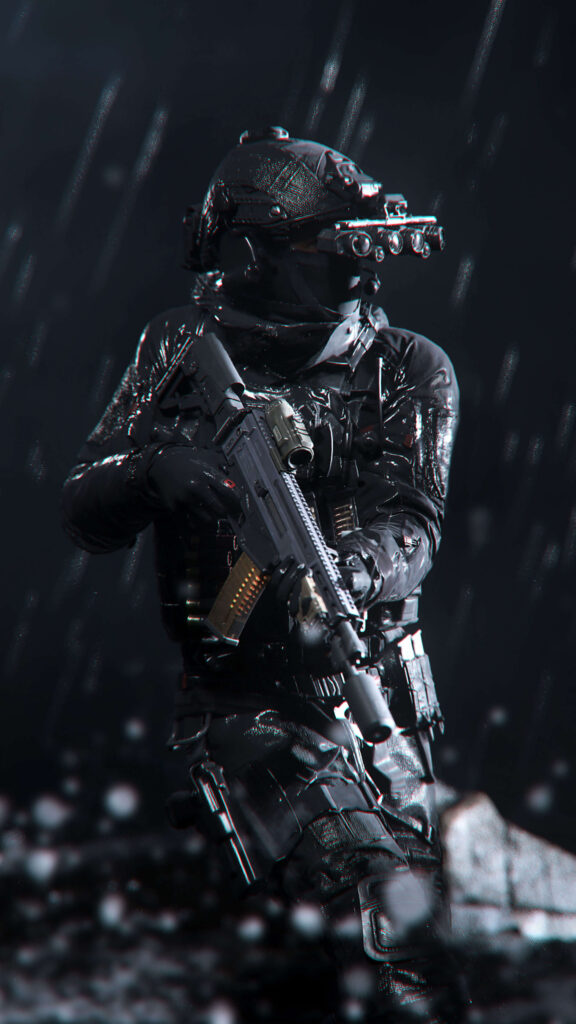 Tactical Soldier Under Heavy Rain Mobile Wallpaper