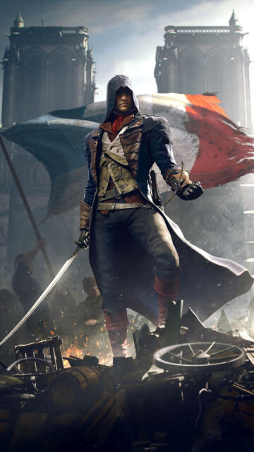 Assassin Standing Amidst Revolution Mobile Wallpaper