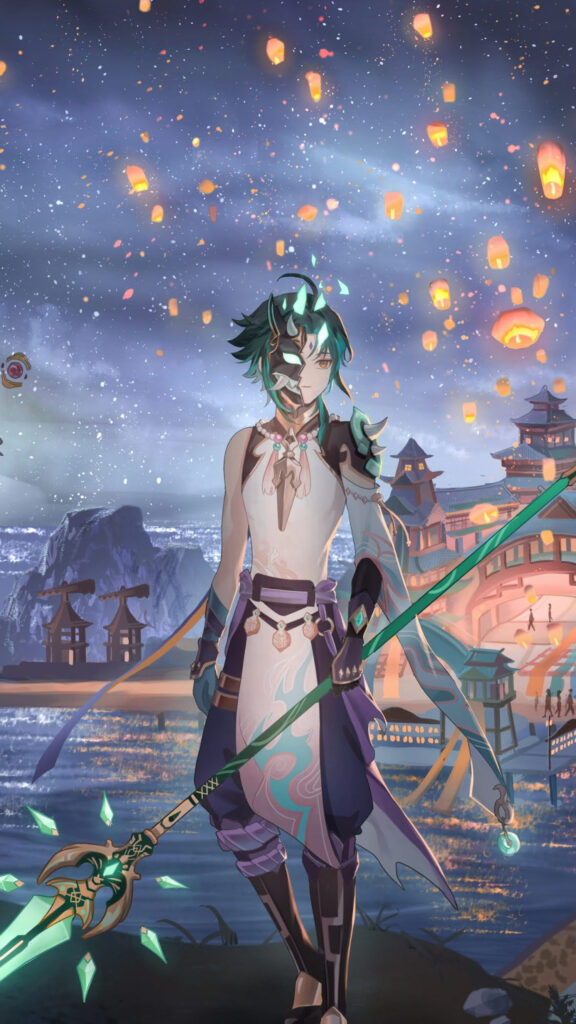 Xiao Standing with Polearm amidst Liyue Lanterns Mobile Wallpaper