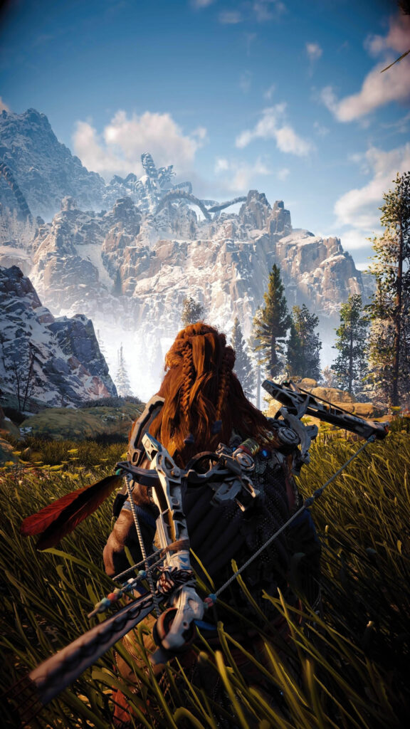 Aloy Facing the Mountain Machine Mobile Wallpaper