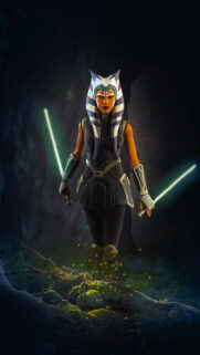 Ahsoka Tano Standing in Dark Forest Mobile Wallpaper