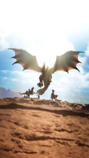 Dragon Soaring Above Desert Explorers Mobile Wallpaper