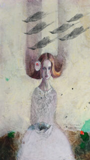 Surrealist Illustration of a Girl with Birds Mobile Wallpaper