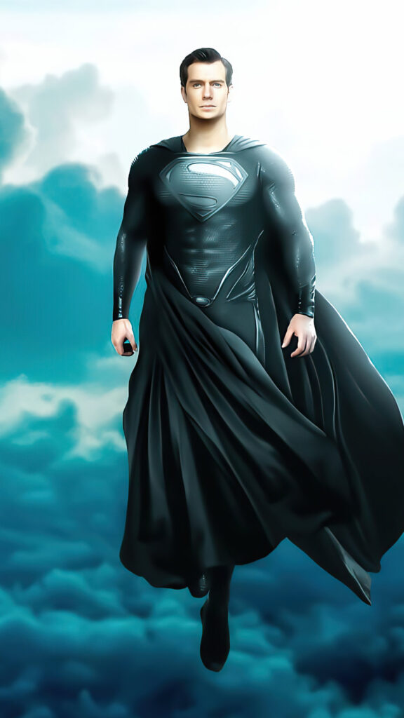 Superman in Black Suit Floating Above Clouds 4K Mobile Wallpaper