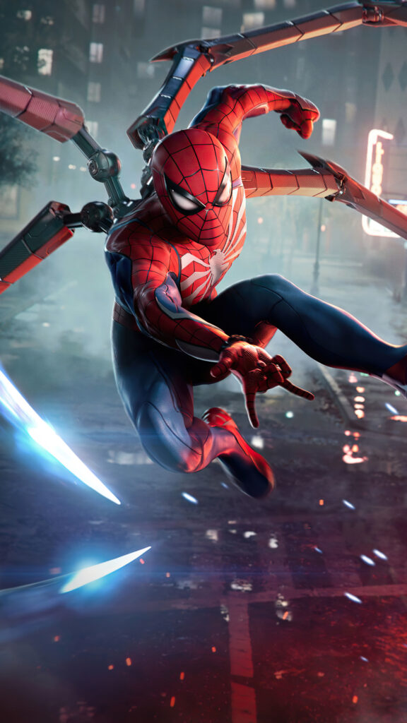 Spider-Man with Mechanical Arms Action Mobile Wallpaper