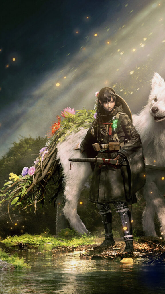 Fantasy Samurai Warrior with Spirit Wolf Mobile Wallpaper