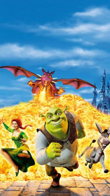 Shrek Characters Running from Dragon Mobile Wallpaper