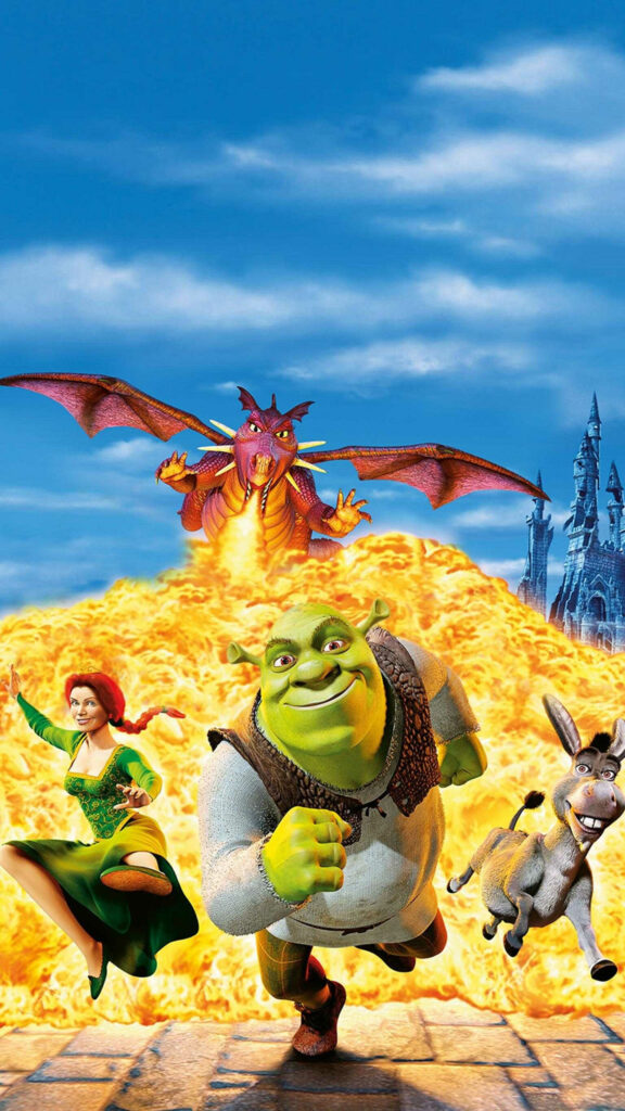 Shrek Characters Running from Dragon Mobile Wallpaper