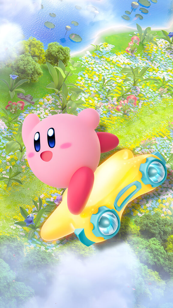 Kirby Riding a Yellow Star-Shaped Vehicle Mobile Wallpaper