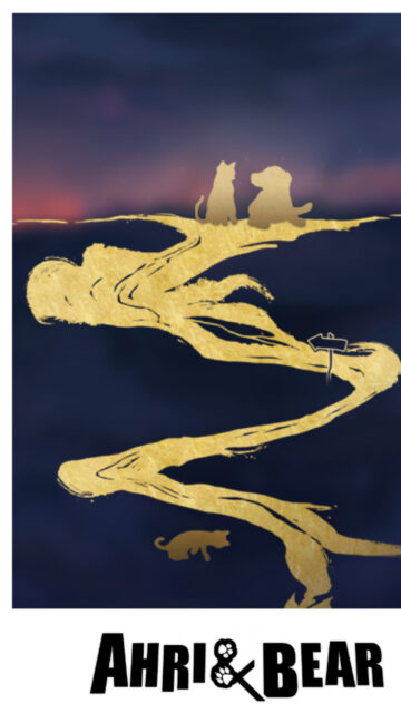 Ahri & Bear Whimsical Gold Silhouette Mobile Wallpaper