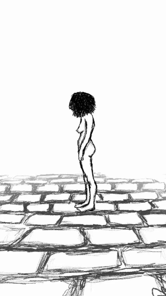 Lonely Figure on Cobblestone Ground Minimalist Mobile Wallpaper