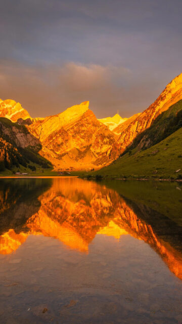 Golden Sunset Reflection over Seealpsee Swiss Alps Mobile Wallpaper