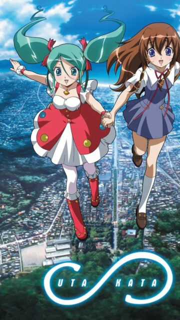 Uta Kata Anime Duo Flying Above City Mobile Wallpaper