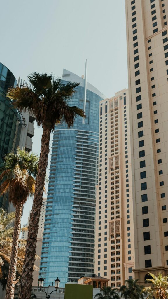 Dubai Modern Skyscrapers and Palm Trees Cityscape Phone Wallpaper