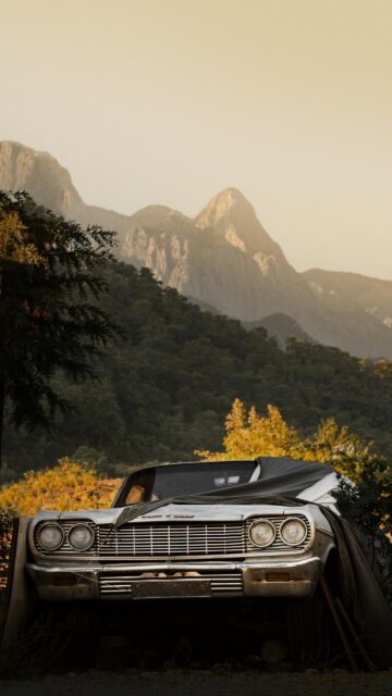 Vintage Classic Car Abandoned in Mountain Nature Landscape Wallpaper