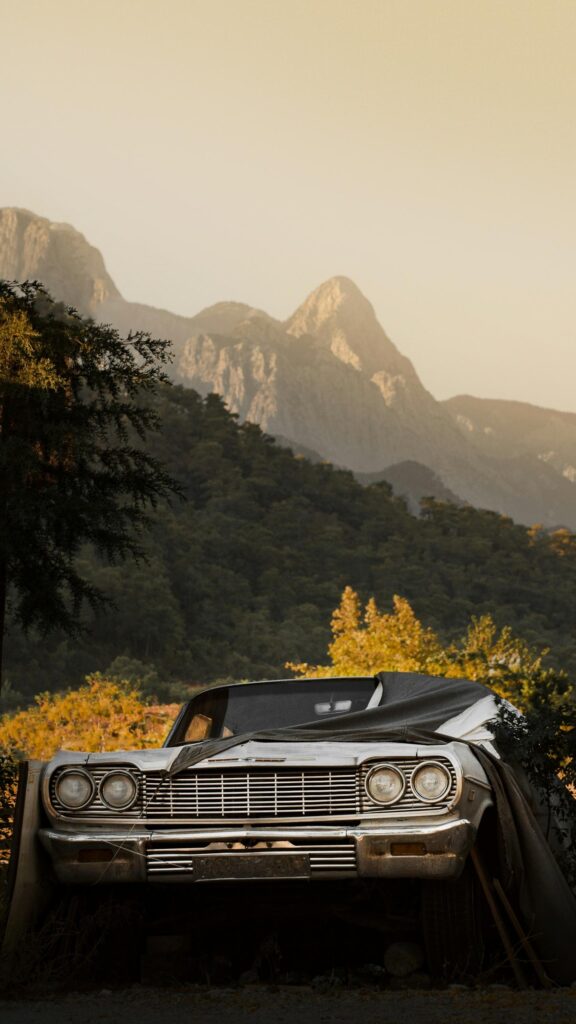 Vintage Classic Car Abandoned in Mountain Nature Landscape Wallpaper