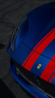 Blue Ferrari 488 with Red Racing Stripes Sportscar Phone Wallpaper