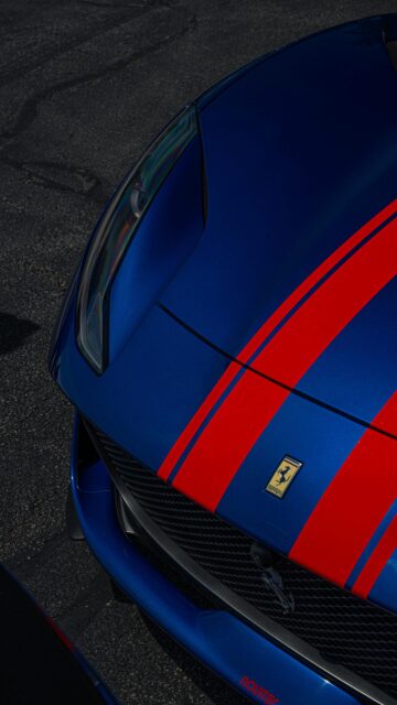 Blue Ferrari 488 with Red Racing Stripes Sportscar Phone Wallpaper