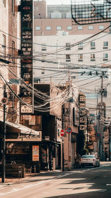Stunning Japanese Urban Streetscape with Wires and Sports Car Wallpaper