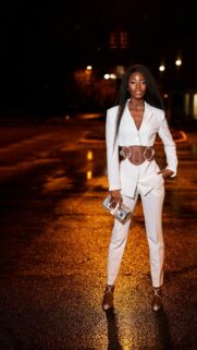 Elegant Black Model in White Cutout Suit Night Street Wallpaper