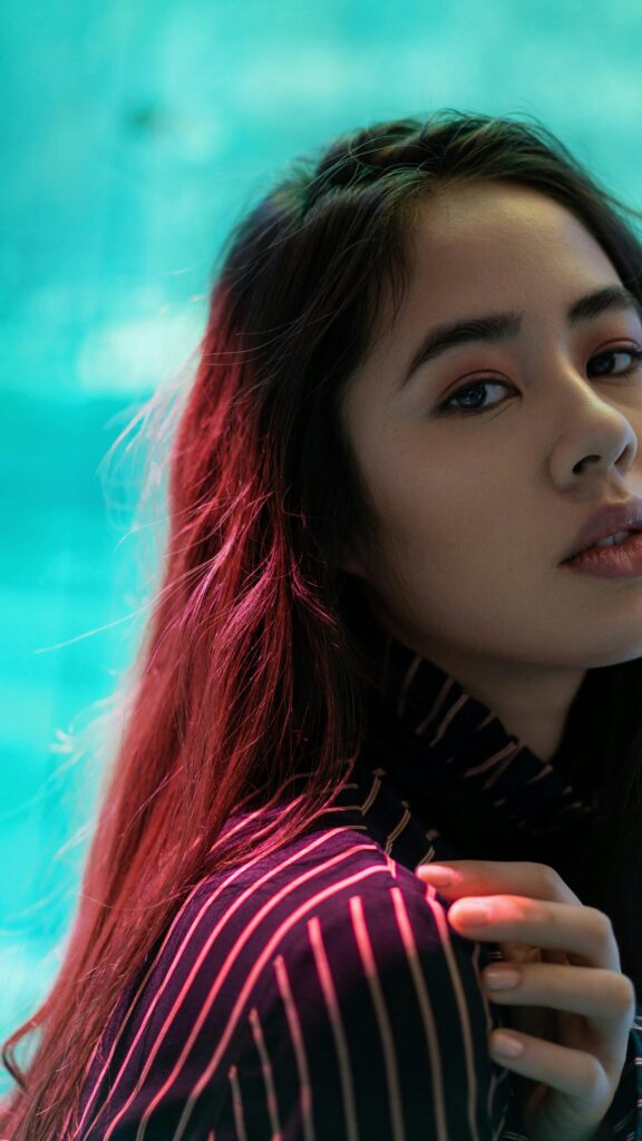 Stunning Asian Woman Neon Lights Portrait Aesthetic Mobile Wallpaper