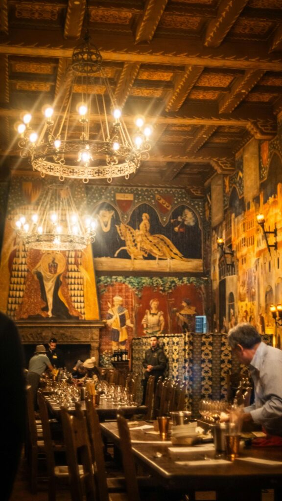 Medieval Banquet Hall with Ornate Murals and Chandeliers Mobile Wallpaper