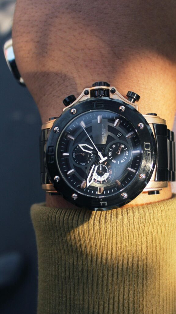 Close-up Luxury Rose Gold and Black Chronograph Watch Wristwear Wallpaper