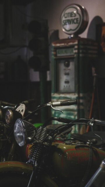 Vintage Harley Davidson Motorcycle and Retro Gas Pump Wallpaper