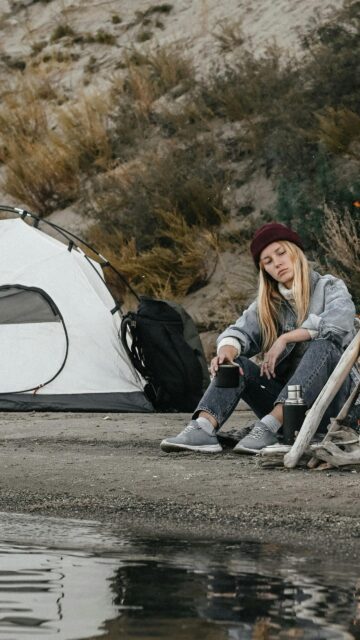 Solo Camping Girl with Coffee by the Lake Scenic Nature Mobile Wallpaper