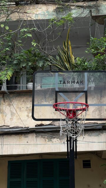 Urban Grunge Basketball Hoop Against Weathered Architecture Wallpaper