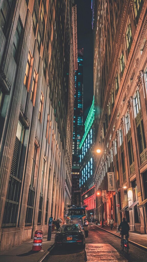 Stunning Nighttime New York City Skyscraper Street View Wallpaper