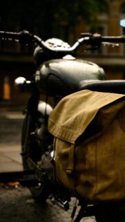 Vintage Green Motorcycle with Canvas Saddlebag Mobile Wallpaper