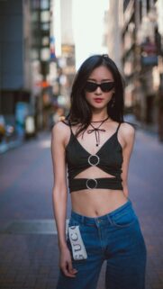 Chic Asian Woman in Street Style Crop Top Fashion Mobile Wallpaper
