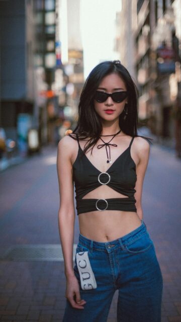 Chic Asian Woman in Street Style Crop Top Fashion Mobile Wallpaper