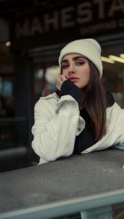 Beautiful Girl in White Beanie and Denim Jacket Portrait Wallpaper