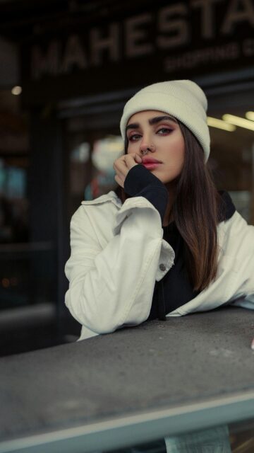 Beautiful Girl in White Beanie and Denim Jacket Portrait Wallpaper