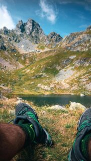 Mountain Hiking View with Trekking Shoes Phone Wallpaper