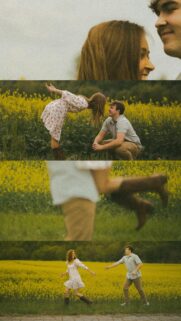 Romantic Couple Frolicking in a Golden Flower Field Phone Wallpaper